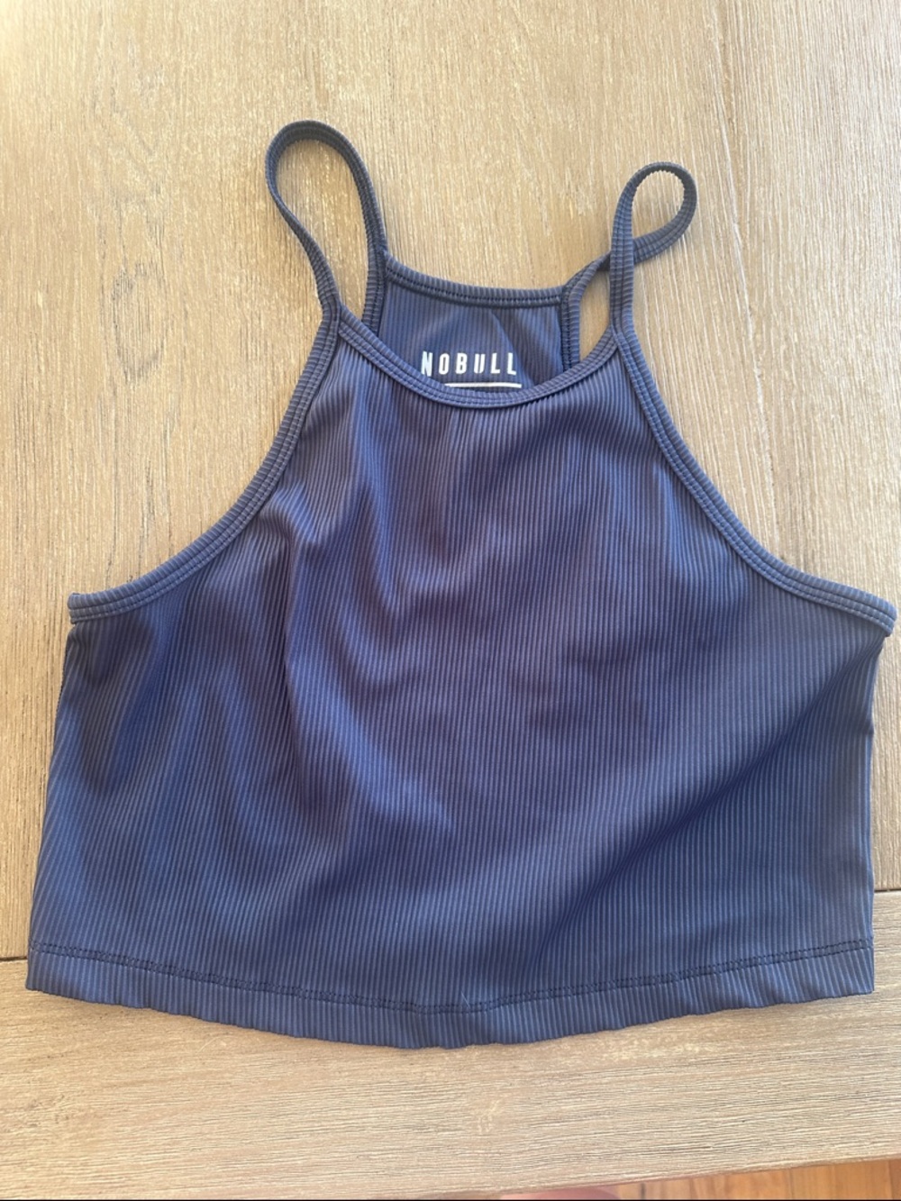 Nobull Ribbed High Neck Cropped Tank Top - slate blue
